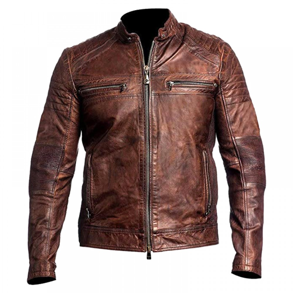 Distressed Dark Brown Slim Fit Leather Jacket For Man