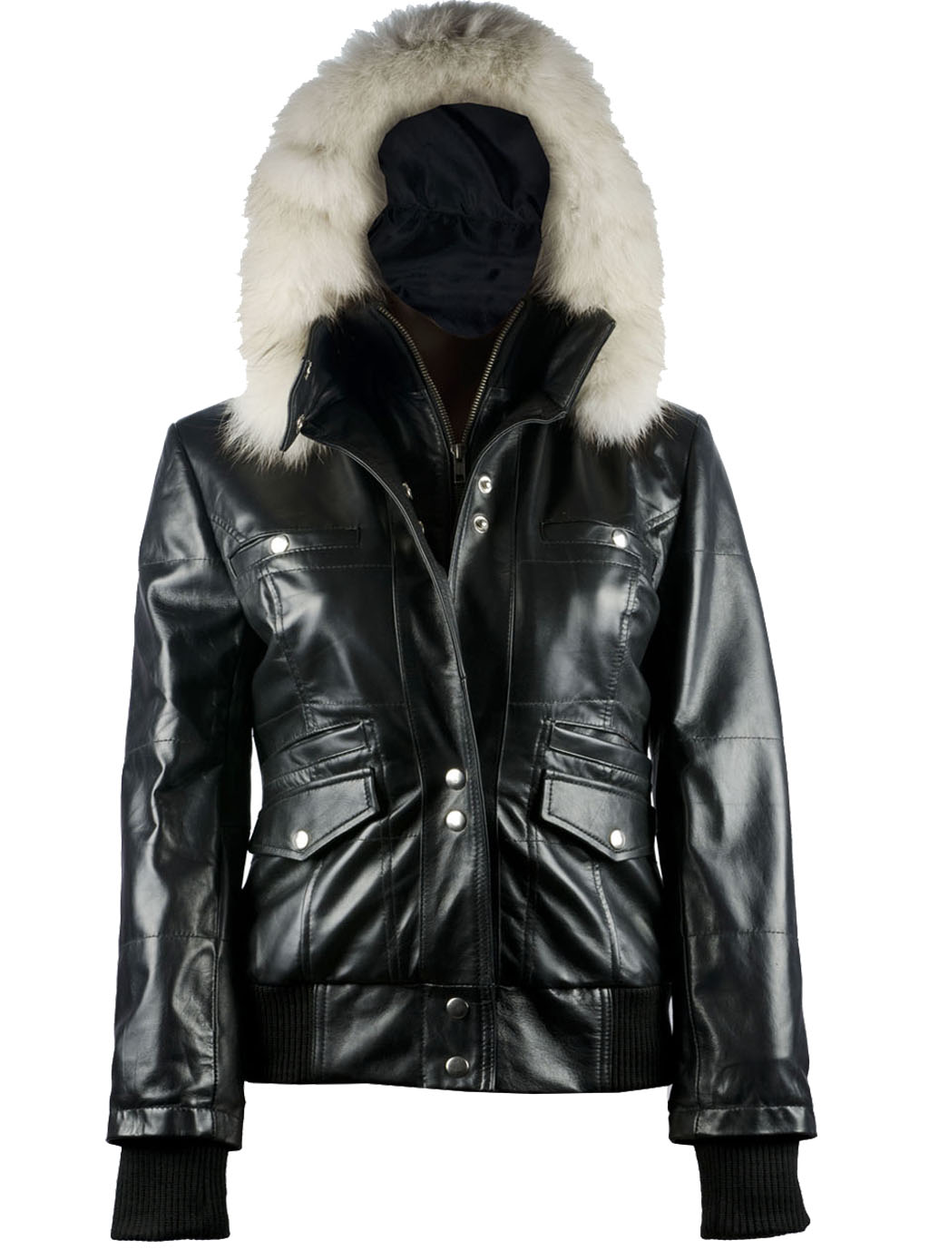 Bomber Womens Fur Black Leather Hooded Jacket 1