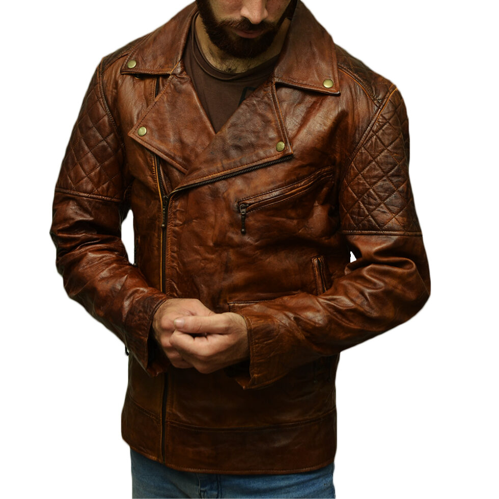 Distressed Brown Slim Fit Body Leather Jacket