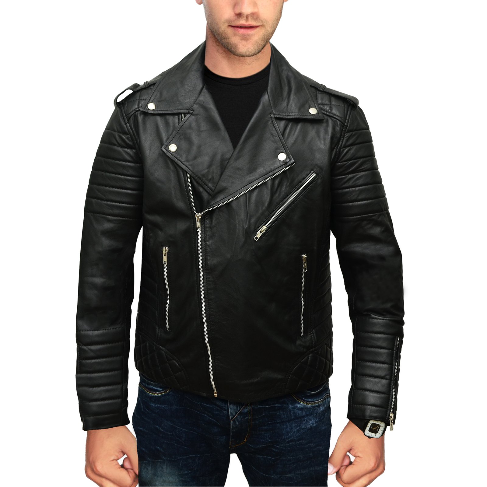 Motorcycle Stylish Black Leather Jacket For Men Slim Fit
