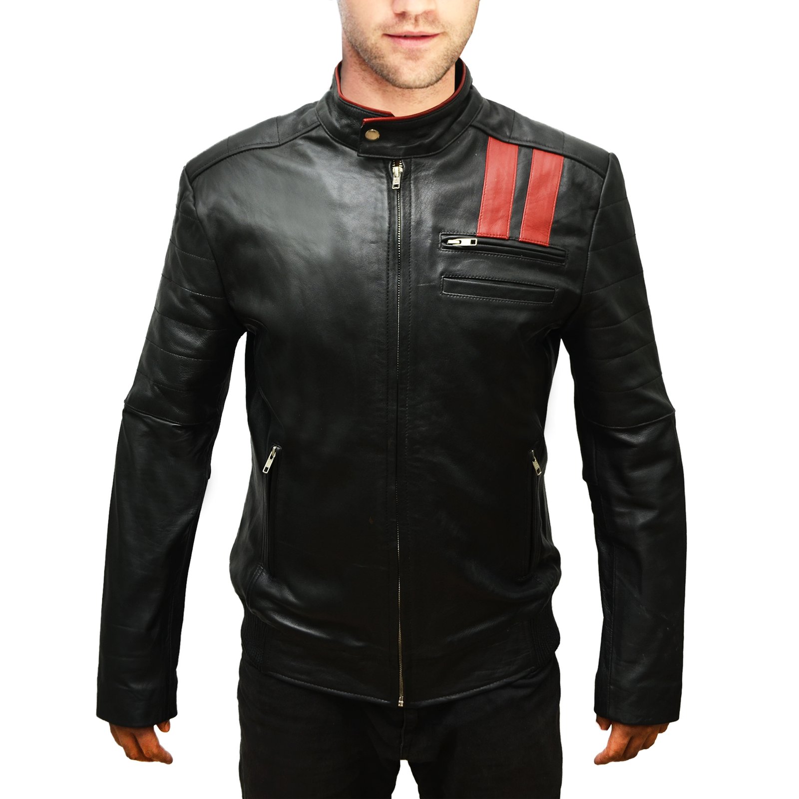 Motorcycle Black And Red Leather Jacket Slim Fit For Men