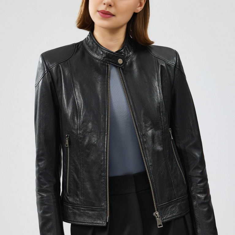 Women Short Black Leather Jacket