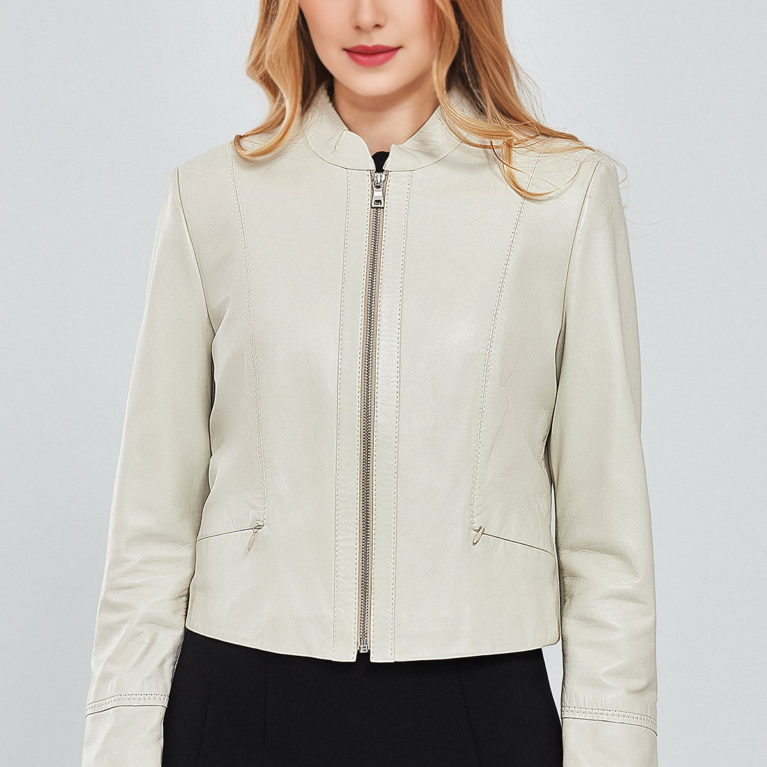 Short Beige Women Leather Jacket