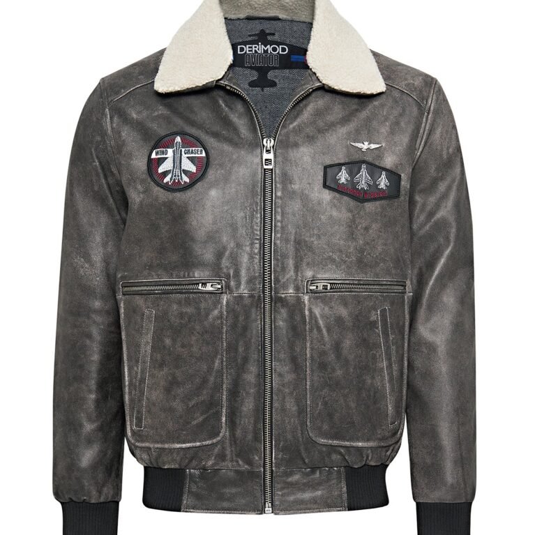 Grey Fur Collar Pilot Leather Jacket with Emblem For Men