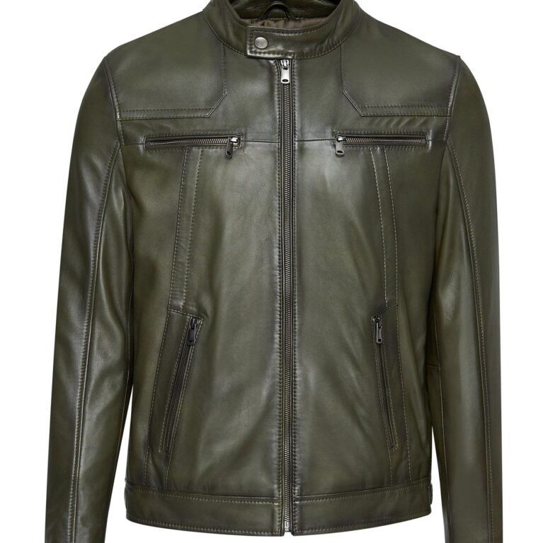 Men's Khaki Mandarin Collar Leather Jacket