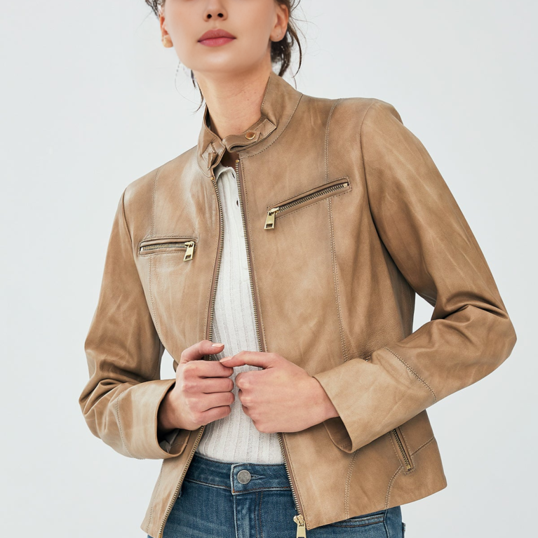 Short Women's Beige Leather Jacket