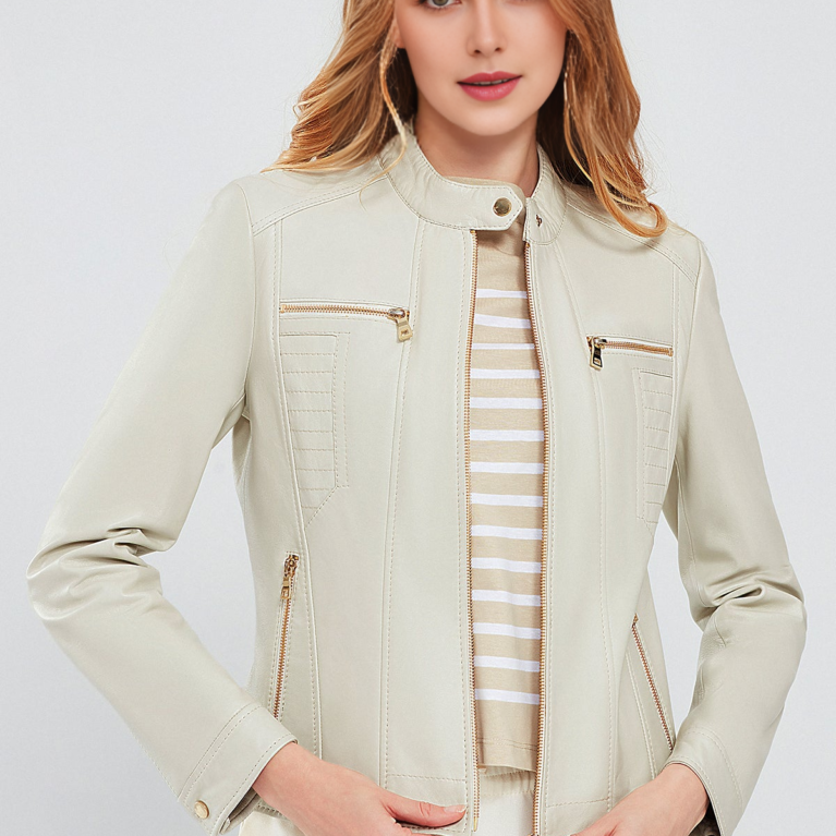 Short Beige Leather Jacket For Women