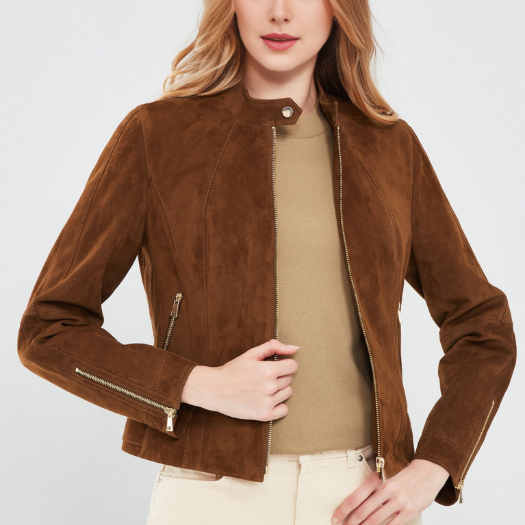 Short Brown Suede Leather Jacket For Women