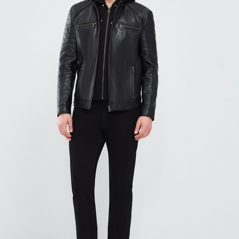 Men's Black Sports Hooded Leather Jacket