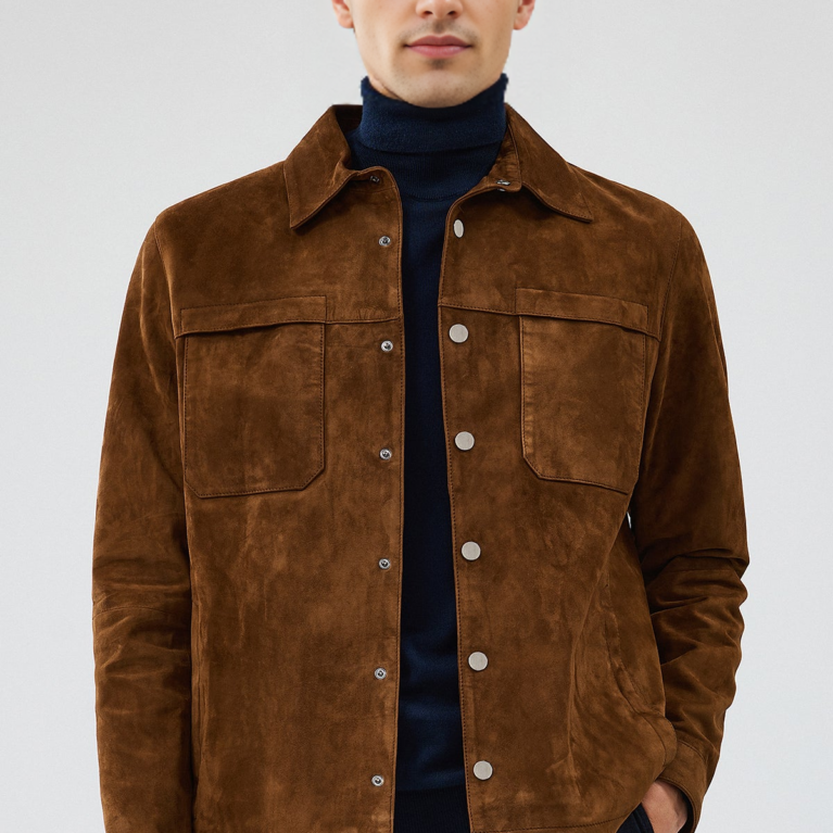 Men&rsquo;s Shirt Collar Brown Suede Leather Coat