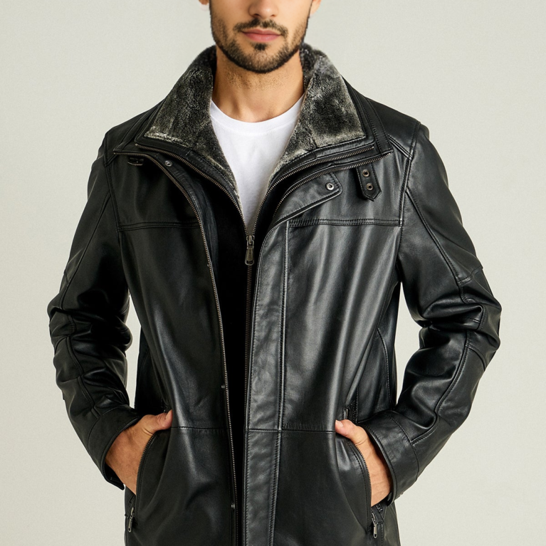 Black Double Collar Furry Men&rsquo;s Leather Coat