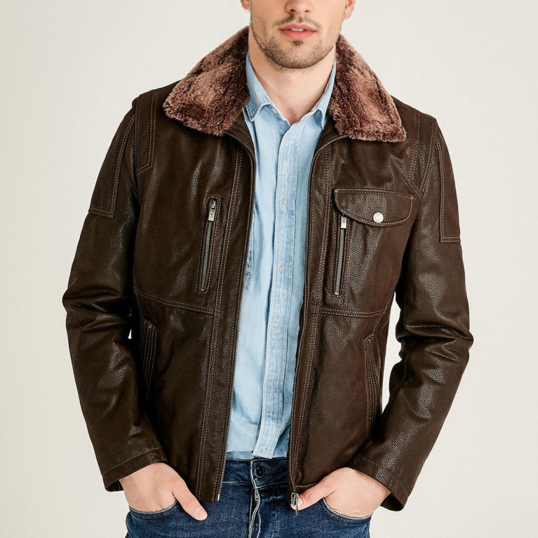 Men&rsquo;s Fur Collar Brown Leather Jacket