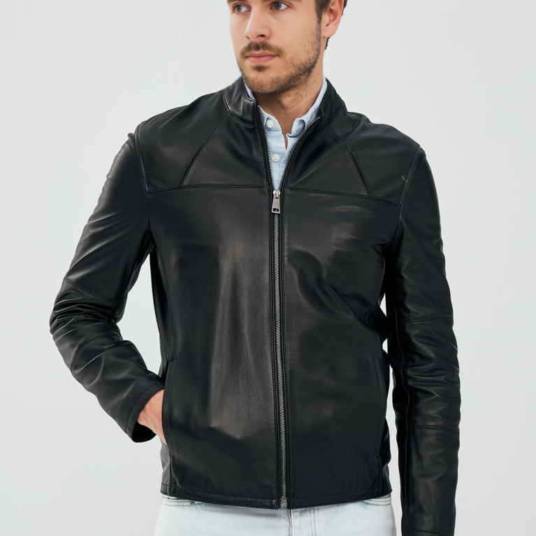 Men’s Smlim-Fit Short Black Leather Jacket