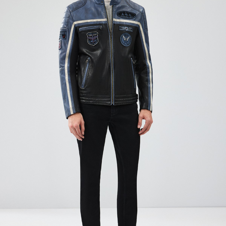 Men's Slim-Fit Blue Leather Jacket