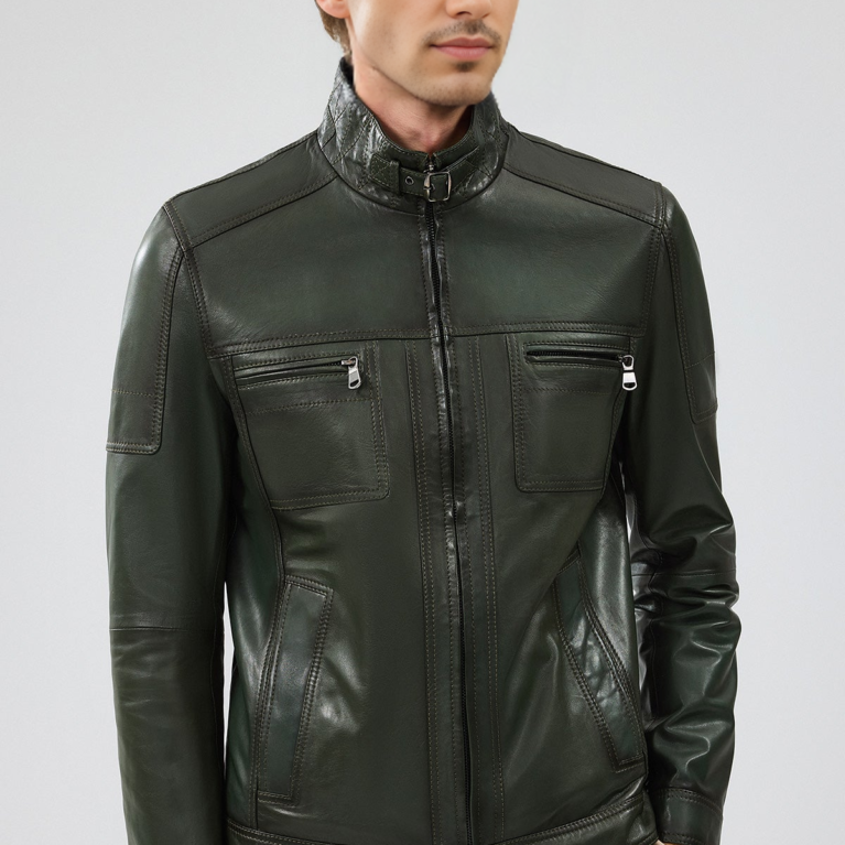 Men's Slim-Fit Khaki Leather Jacket