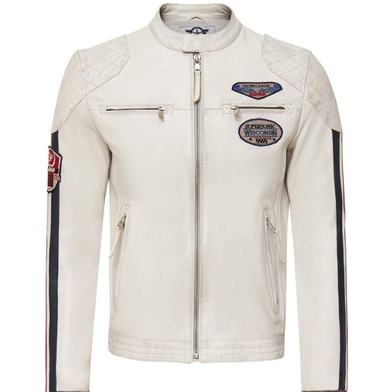 Men's Slim-Fit White Leather Jacket with Emblem