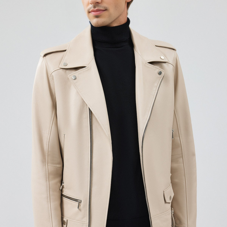 Men's Hooded Biker Beige Leather Jacket