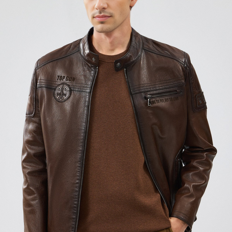 Kawhi Men's Slim-Fit Brown Leather Jacket with Emblem