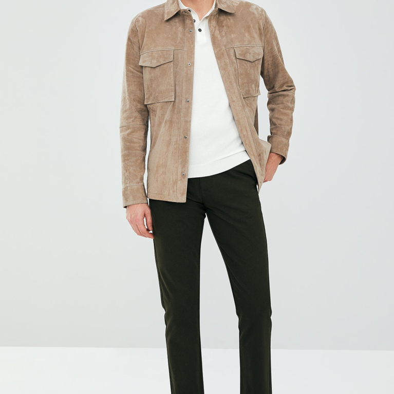 Beige Shirt Style Men's Suede Leather Jacket