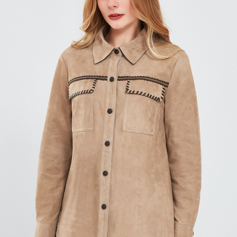 Women's Shirt Style Beige Suede Leather Jacket