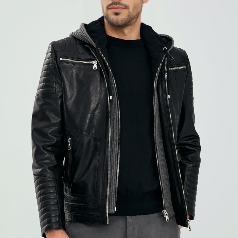 Danger Men's Hooded Black Sport Leather Jacket