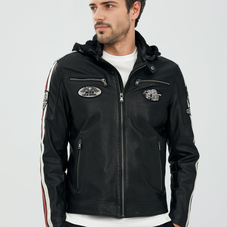 Men's Emblem Hooded Black Sports Leather Jacket