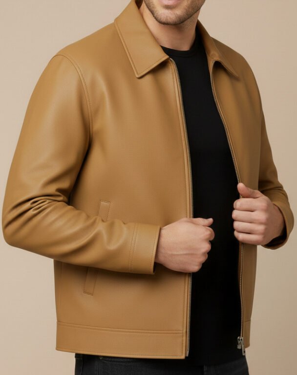 Premium Men’s Tan Genuine Leather Minimalist Jacket