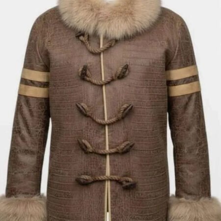 Men's Brown Embossed Faux-Leather Toggle Coat