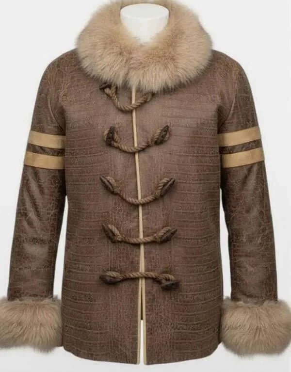 Men's Brown Embossed Faux-Leather Toggle Coat