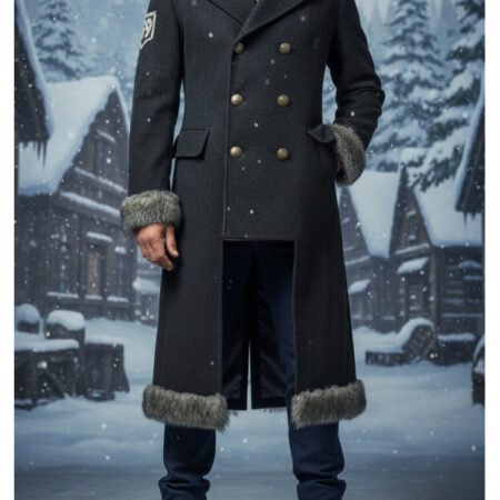 Men's Gray Wool Long Coat with Fur Collar