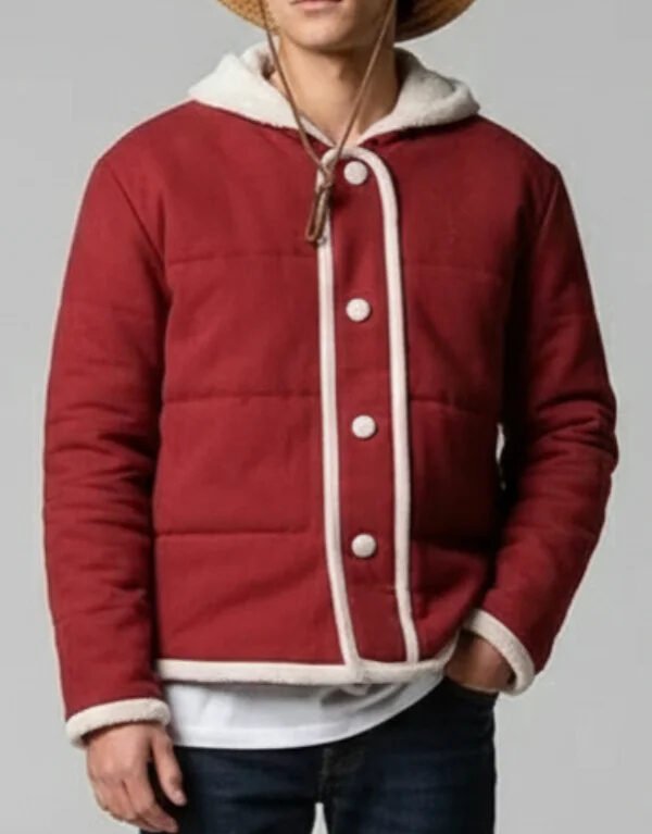 Men's Maroon Sherpa-Lined Quilted Hooded Jacket