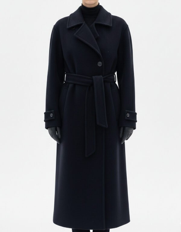 Women's Navy Wool Long Coat | Elegant Winter Trench Jacket