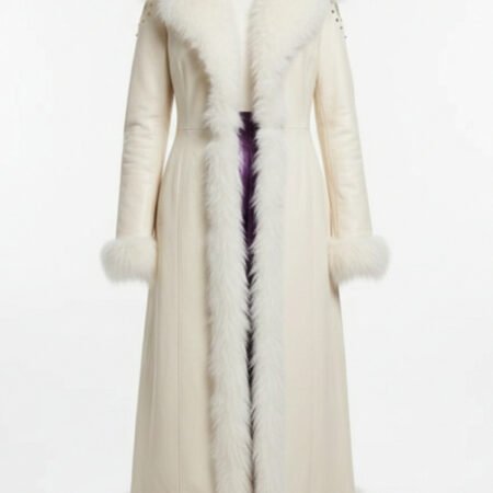 Women's White Genuine Leather Long Coat with Fur Collar