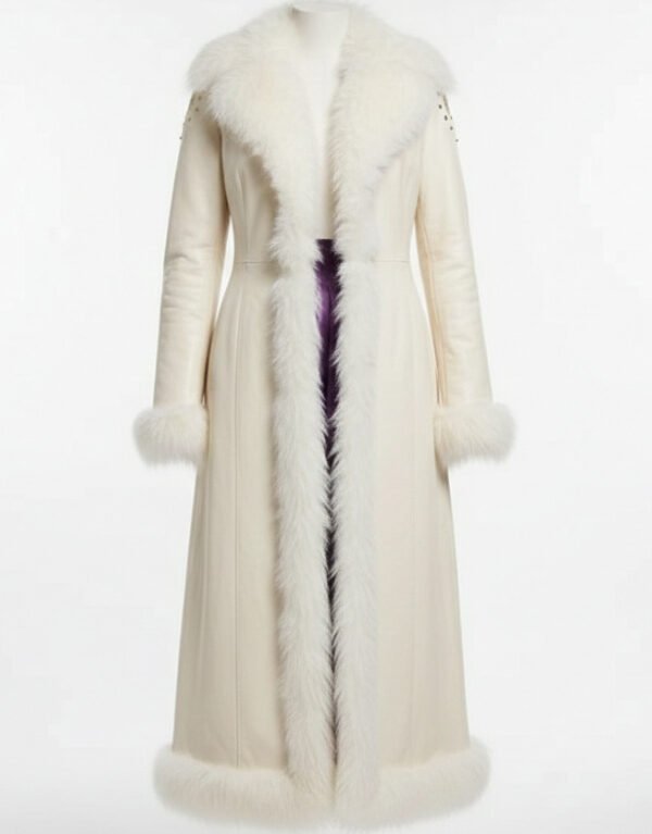 Women's White Genuine Leather Long Coat with Fur Collar
