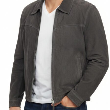 Men's Charcoal Suede Leather Grey Zip-Up Coat