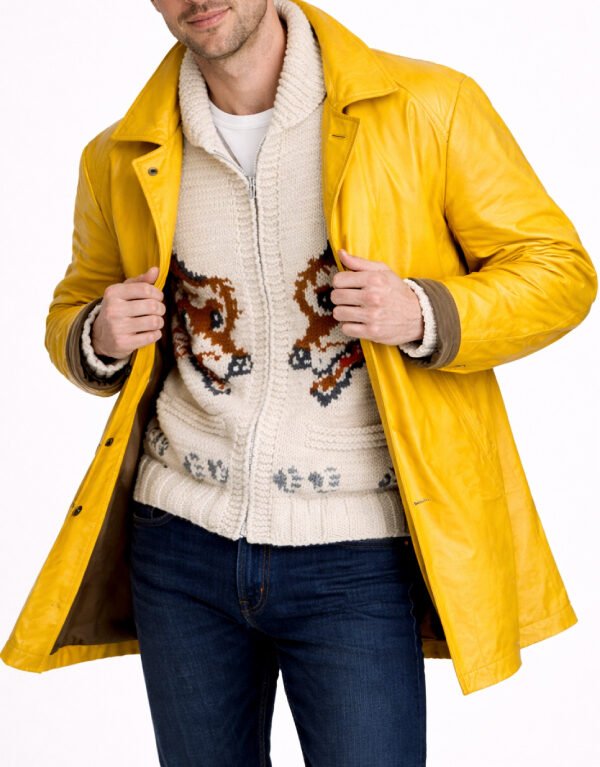 Men’s Yellow Leather Coat – Premium Long Rain Jacket